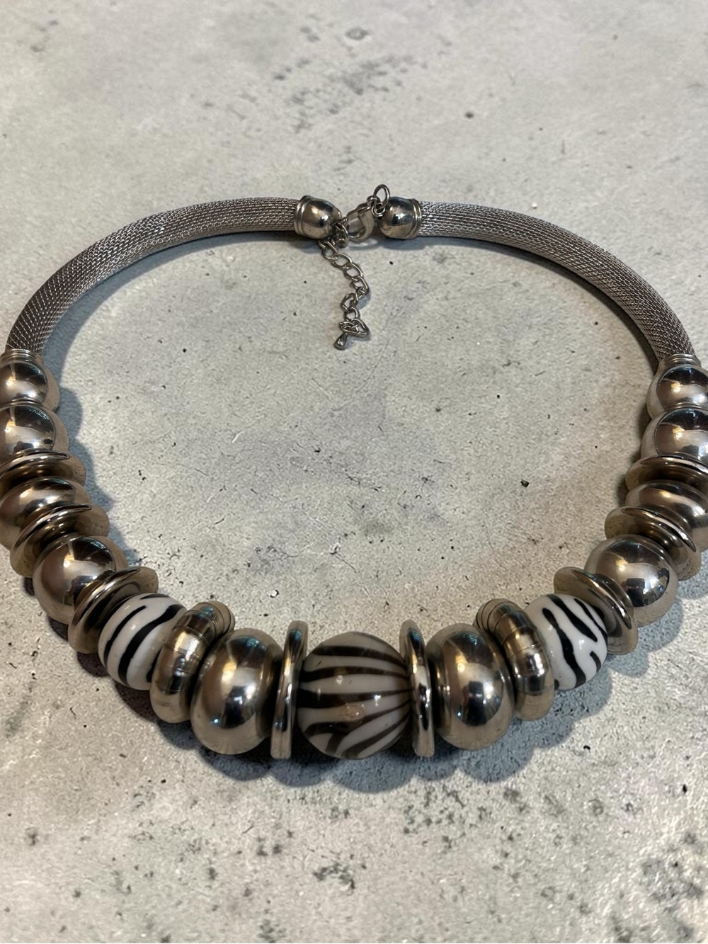 Silver Statement Necklace with Black & White Zebra Beads - Vintage Costume